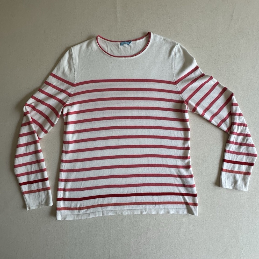 J. McLaughlin White Red Stripe Classic Cozy Basic Preppy Knit Sweater Large